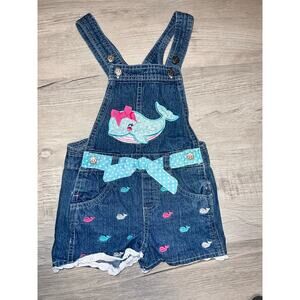 Vintage whale  denim short overalls girls size 4T. Blue /Pink embroidered whales